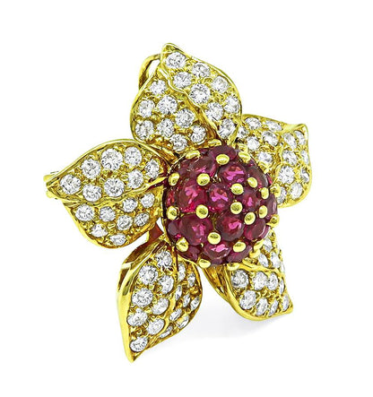 Estate 3.25ct Ruby 2.27ct Diamond 18k Yellow Gold Flower Pin / Pendant
