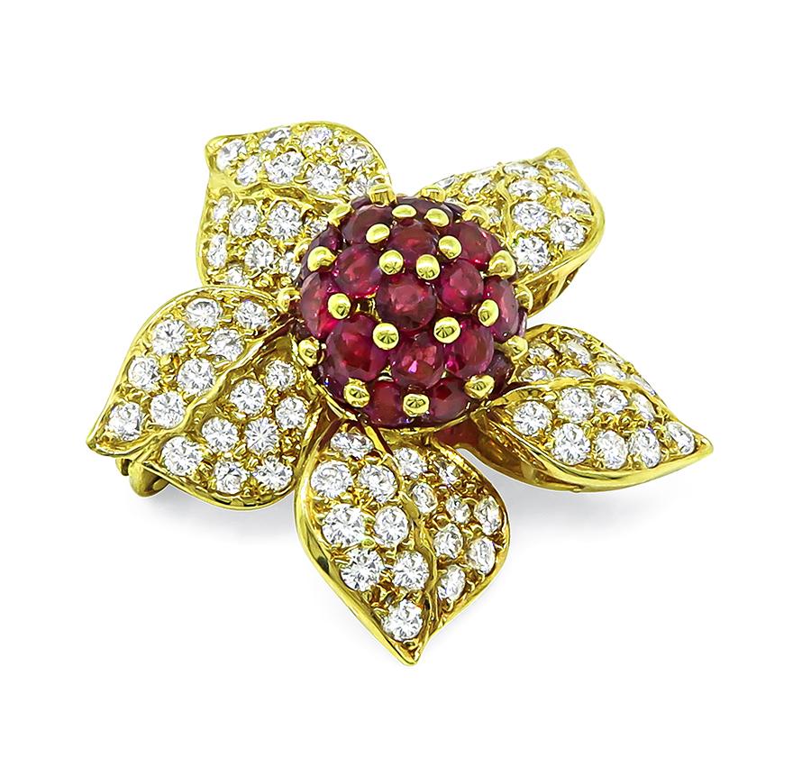 Estate 3.25ct Ruby 2.27ct Diamond 18k Yellow Gold Flower Pin / Pendant