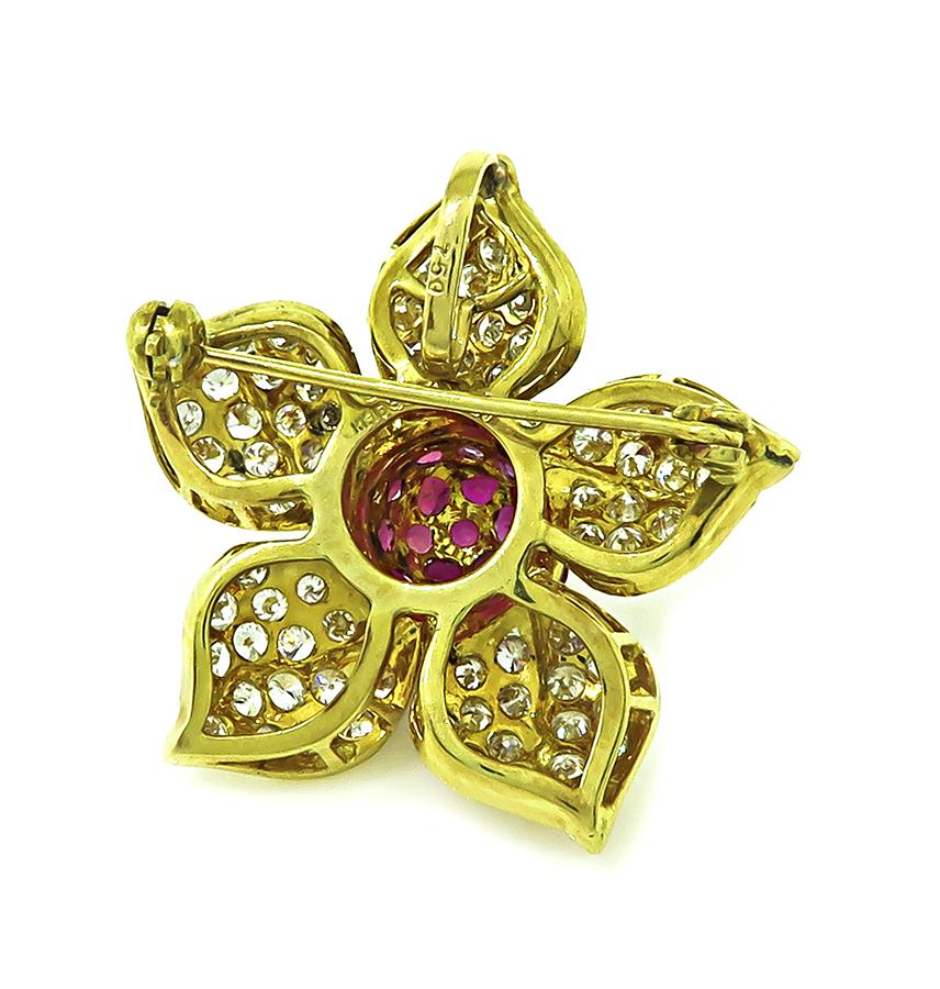 Estate 3.25ct Ruby 2.27ct Diamond 18k Yellow Gold Flower Pin / Pendant