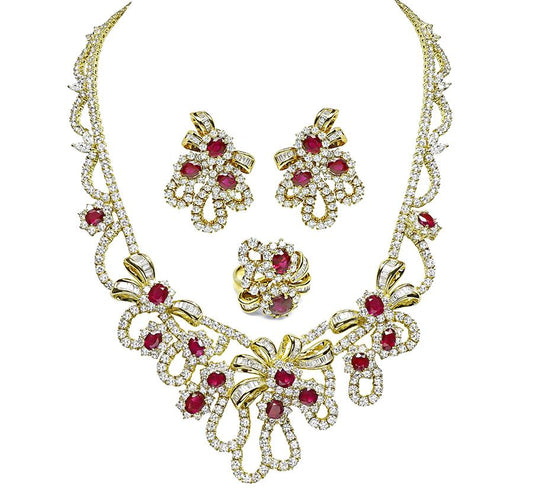 45.00ct Diamond 31.00ct AGL Burma Ruby Gold Necklace Earrings and Ring Set