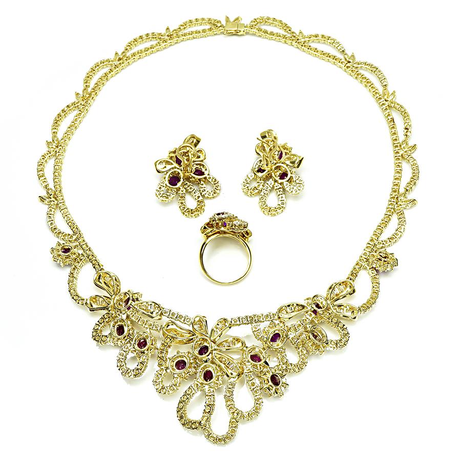 45.00ct Diamond 31.00ct AGL Burma Ruby Gold Necklace Earrings and Ring Set