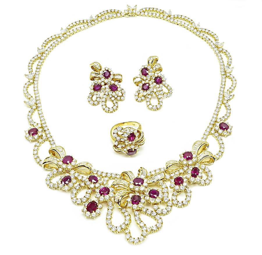 45.00ct Diamond 31.00ct AGL Burma Ruby Gold Necklace Earrings and Ring Set