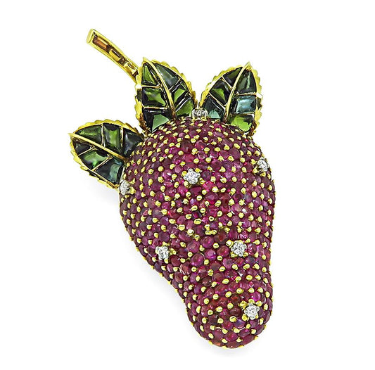 Estate 9.00ct Ruby 0.25ct Diamond Citrine Tourmaline 18k Gold Strawberry Pin