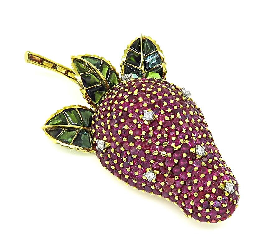 Estate 9.00ct Ruby 0.25ct Diamond Citrine Tourmaline 18k Gold Strawberry Pin