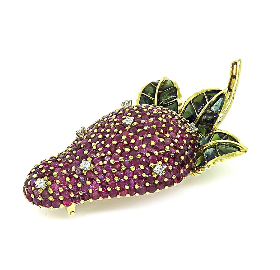 Estate 9.00ct Ruby 0.25ct Diamond Citrine Tourmaline 18k Gold Strawberry Pin