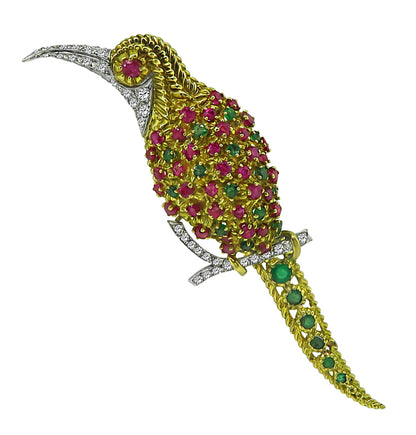 Estate 0.50ct Diamond 1.00ct Emerald 1.00ct Ruby Gold Bird Pin