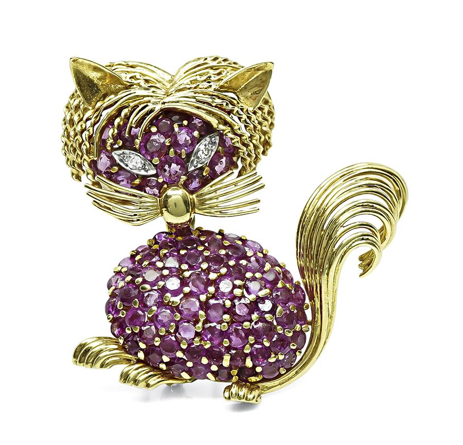 Estate 7.00ct Ruby Diamond Gold Cat Pin