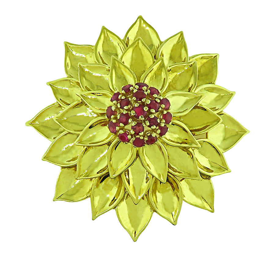 Estate 1.50ct Ruby Gold Flower Pin
