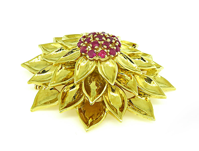 Estate 1.50ct Ruby Gold Flower Pin