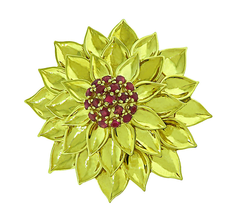 Estate 1.50ct Ruby Gold Flower Pin