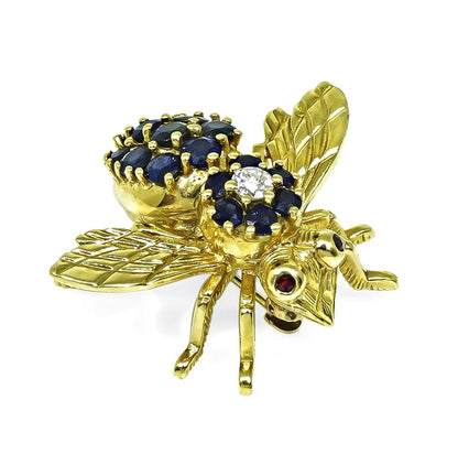 Estate 1.50ct Sapphire Diamond 18k Yellow Gold Bee Pin