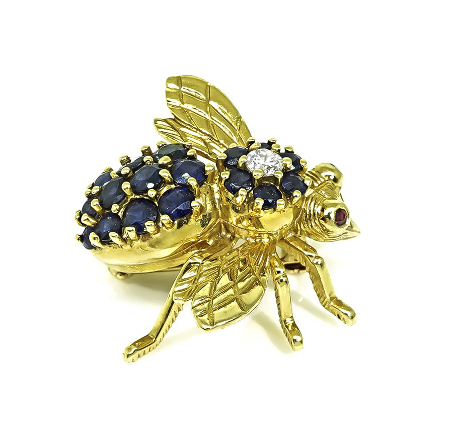 Estate 1.50ct Sapphire Diamond 18k Yellow Gold Bee Pin