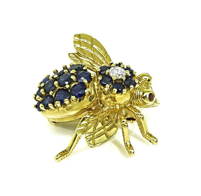 Estate 1.50ct Sapphire Diamond 18k Yellow Gold Bee Pin