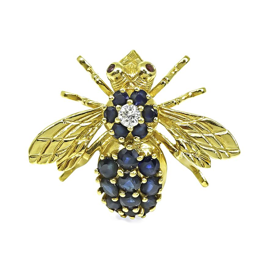 Estate 1.50ct Sapphire Diamond 18k Yellow Gold Bee Pin
