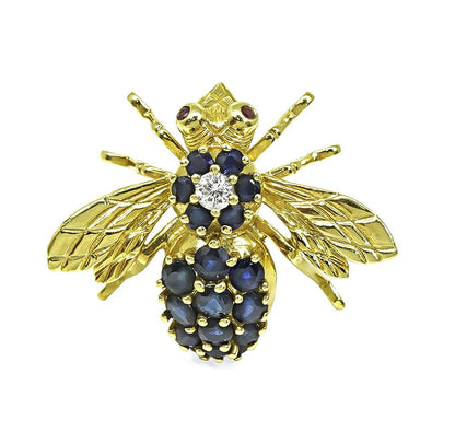 Estate 1.50ct Sapphire Diamond 18k Yellow Gold Bee Pin