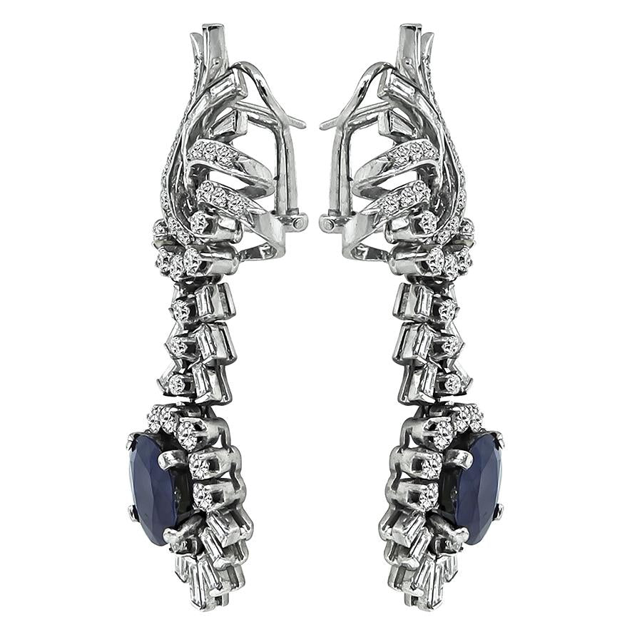 Vintage 6.00ct Sapphire 3.00ct Diamond Dangling Earrings