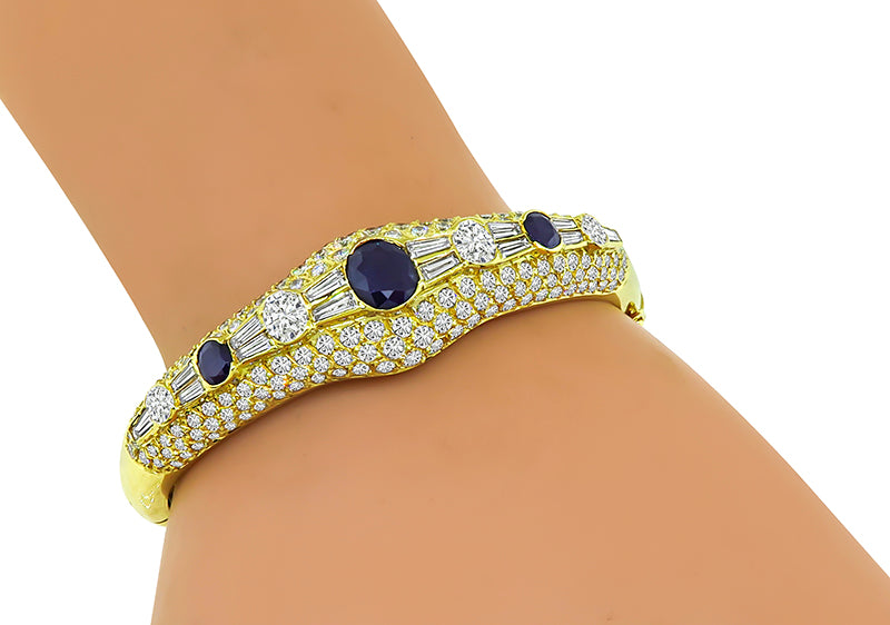 Estate 6.00ct Diamond 3.00ct Sapphire Gold Bangle