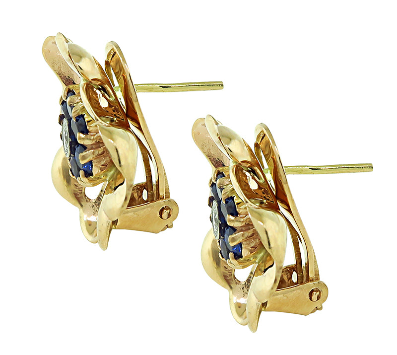 Estate 1.60ct Sapphire Diamond Gold Flower Earrings