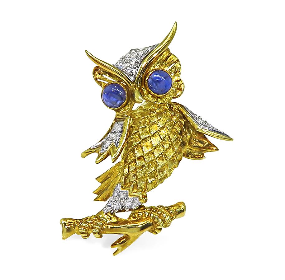 Estate Sapphire Diamond 18k Yellow and White Gold Owl Pin