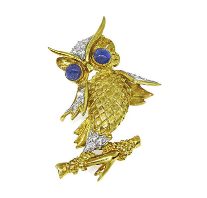 Estate Sapphire Diamond 18k Yellow and White Gold Owl Pin