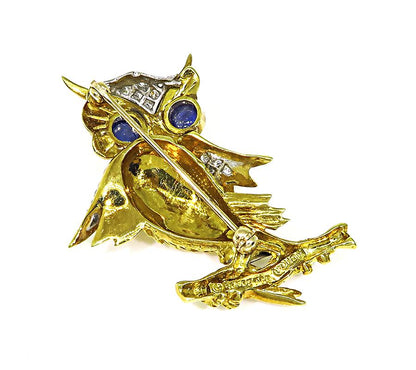 Estate Sapphire Diamond 18k Yellow and White Gold Owl Pin
