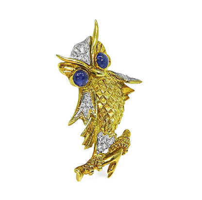 Estate Sapphire Diamond 18k Yellow and White Gold Owl Pin
