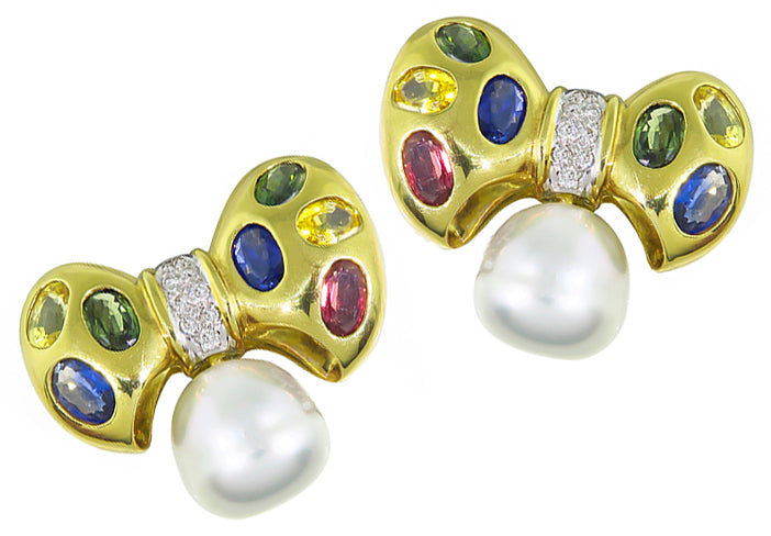 Estate Pearl 9.00ct Sapphire Diamond Ribbon Earrings