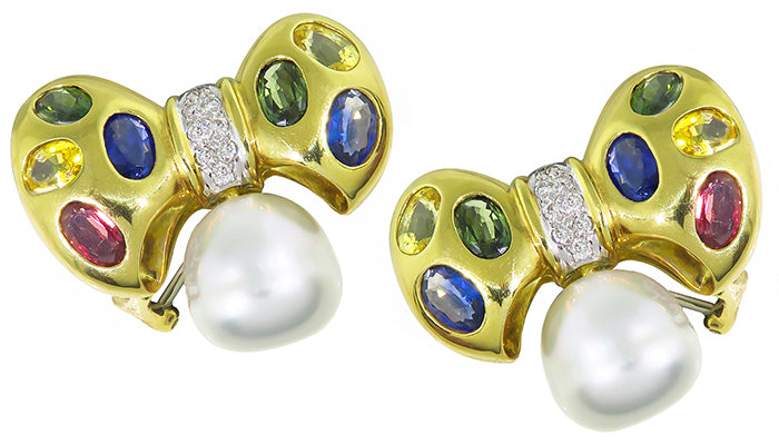 Estate Pearl 9.00ct Sapphire Diamond Ribbon Earrings