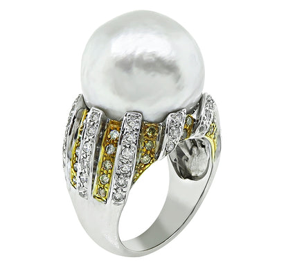Estate South Sea Pearl 1.75ct Diamond and Fancy Light Brown Diamond Ring