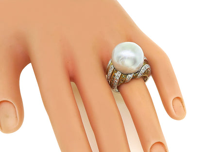 Estate South Sea Pearl 1.75ct Diamond and Fancy Light Brown Diamond Ring