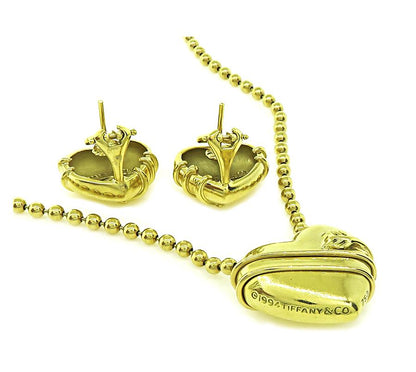 Estate Tiffany & Co 18k Yellow Gold Heart Pendant Necklace and Earrings Set