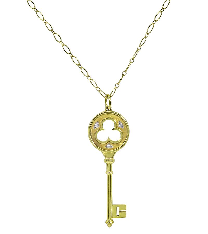 Estate Tiffany & Co Diamond 18k Yellow Gold Key Pendant Necklace