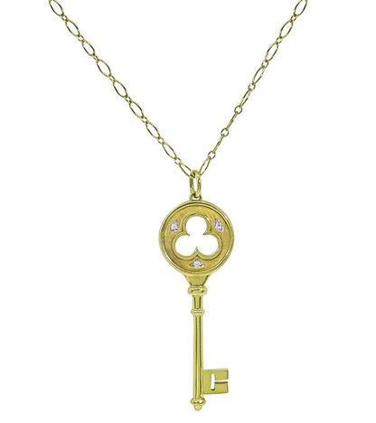 Estate Tiffany & Co Diamond 18k Yellow Gold Key Pendant Necklace