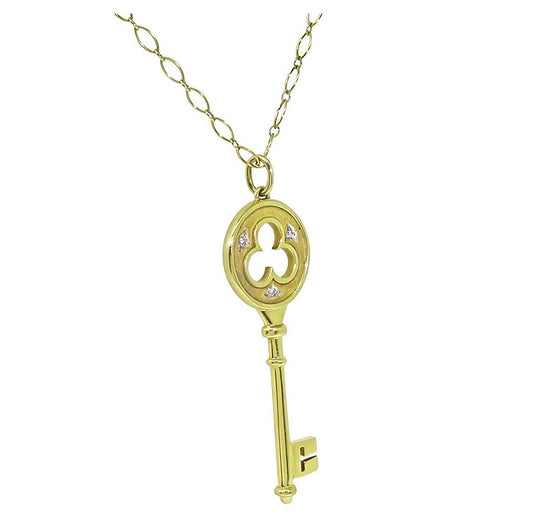 Estate Tiffany & Co Diamond 18k Yellow Gold Key Pendant Necklace