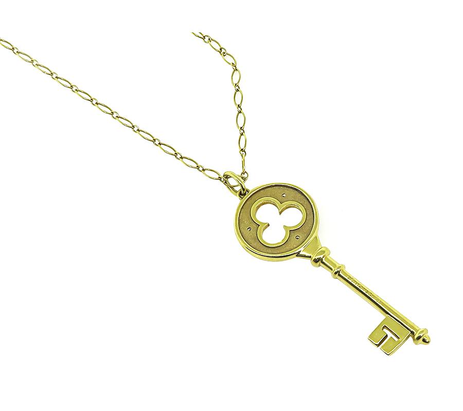 Estate Tiffany & Co Diamond 18k Yellow Gold Key Pendant Necklace
