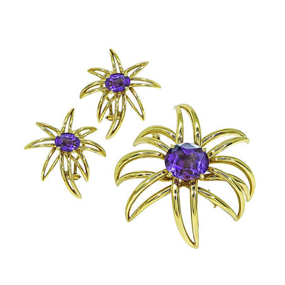 Estate Tiffany & Co 15.00ct Amethyst 18k Gold Fireworks Pin and Earrings Set