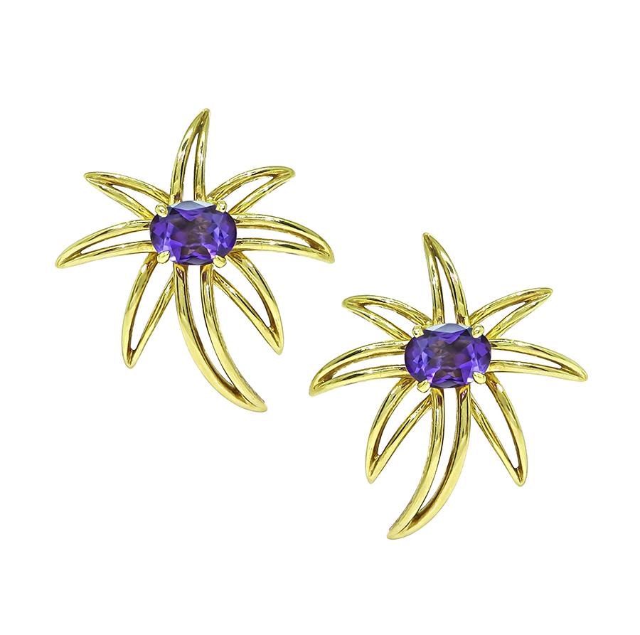 Estate Tiffany & Co 15.00ct Amethyst 18k Gold Fireworks Pin and Earrings Set