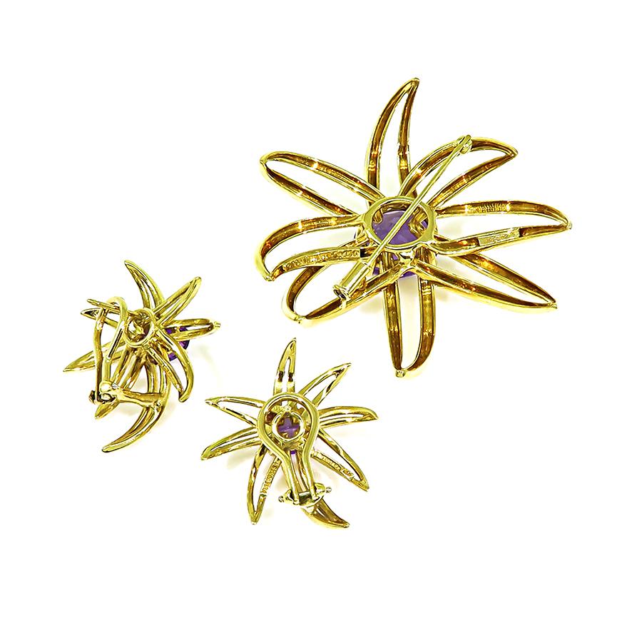 Estate Tiffany & Co 15.00ct Amethyst 18k Gold Fireworks Pin and Earrings Set