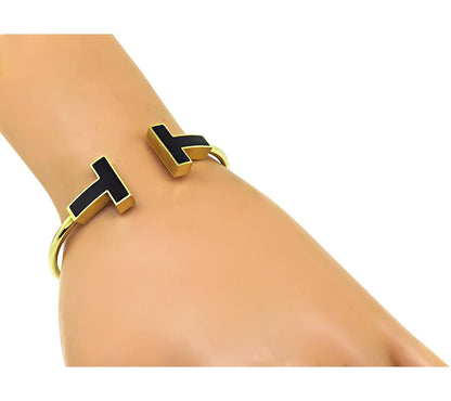 Estate Tiffany & Co Enamel 18k Yellow Gold T Square Wire Bangle