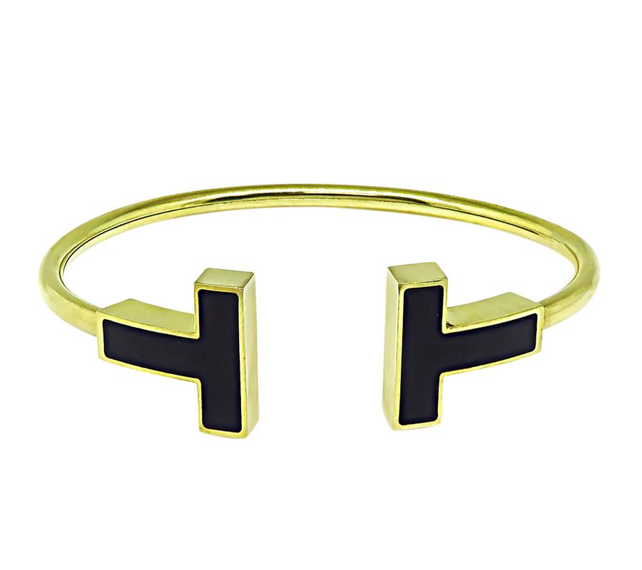 Estate Tiffany & Co Enamel 18k Yellow Gold T Square Wire Bangle