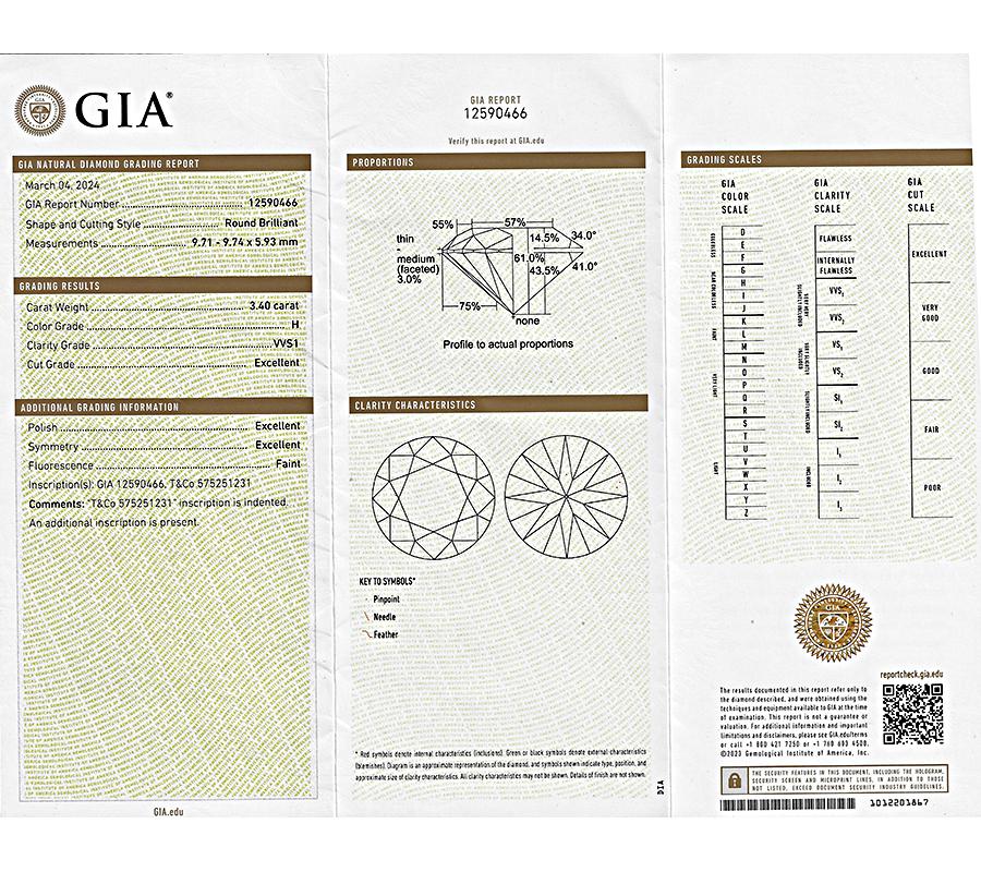 Tiffany & Co GIA Certified 3.40ct Diamond Solitaire Engagement Ring