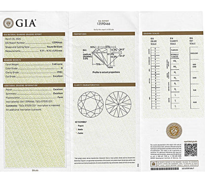 Tiffany & Co GIA Certified 3.40ct Diamond Solitaire Engagement Ring