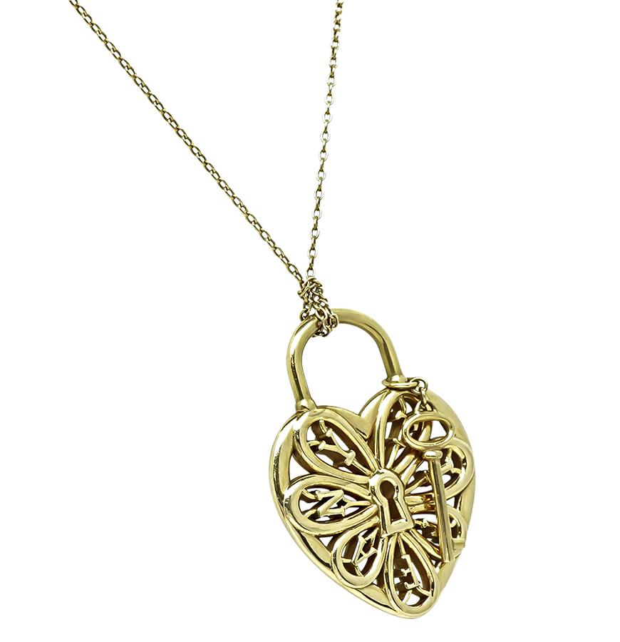 Estate Tiffany & Co 18k Yellow Gold Heart and Key Pendant Necklace