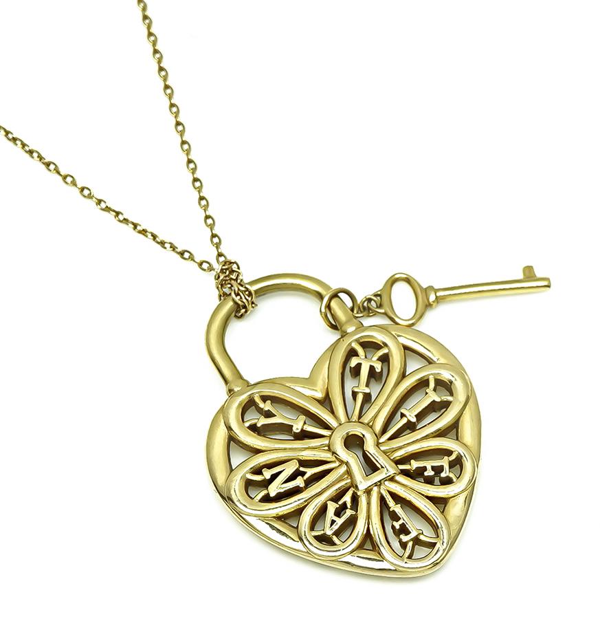 Estate Tiffany & Co 18k Yellow Gold Heart and Key Pendant Necklace