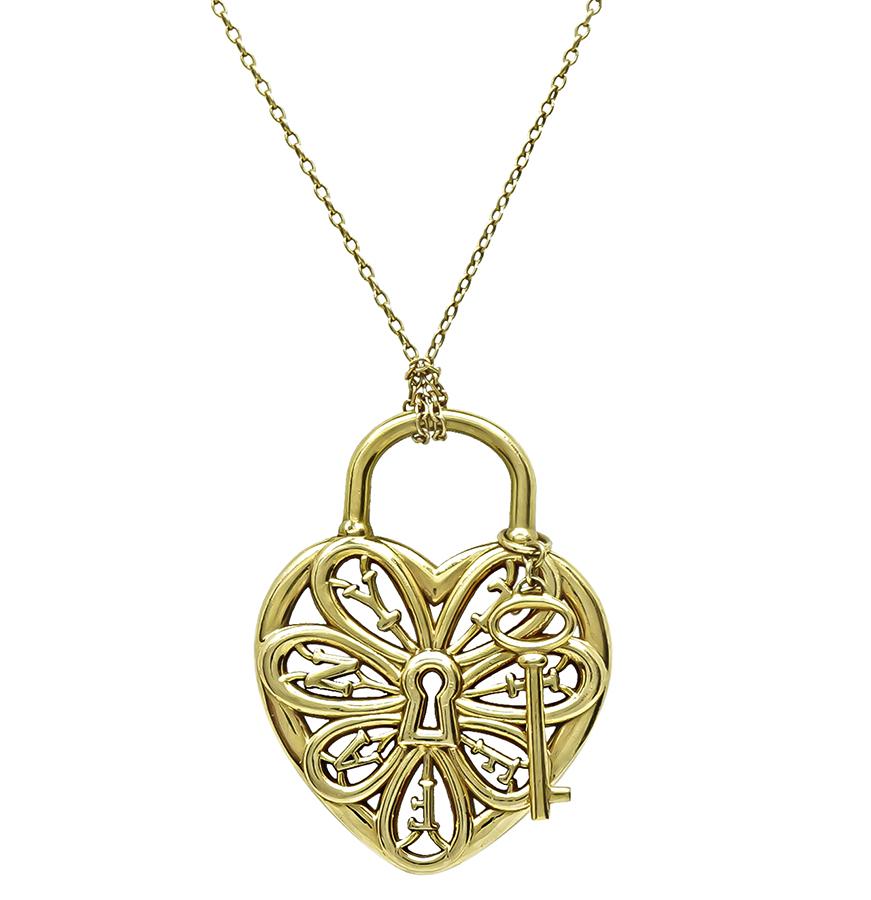 Estate Tiffany & Co 18k Yellow Gold Heart and Key Pendant Necklace