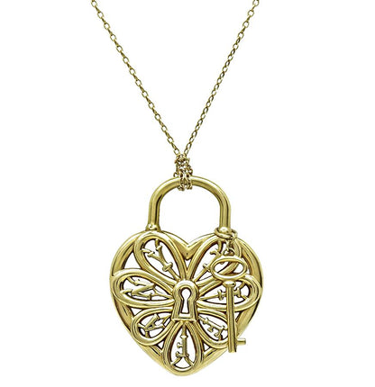 Estate Tiffany & Co 18k Yellow Gold Heart and Key Pendant Necklace