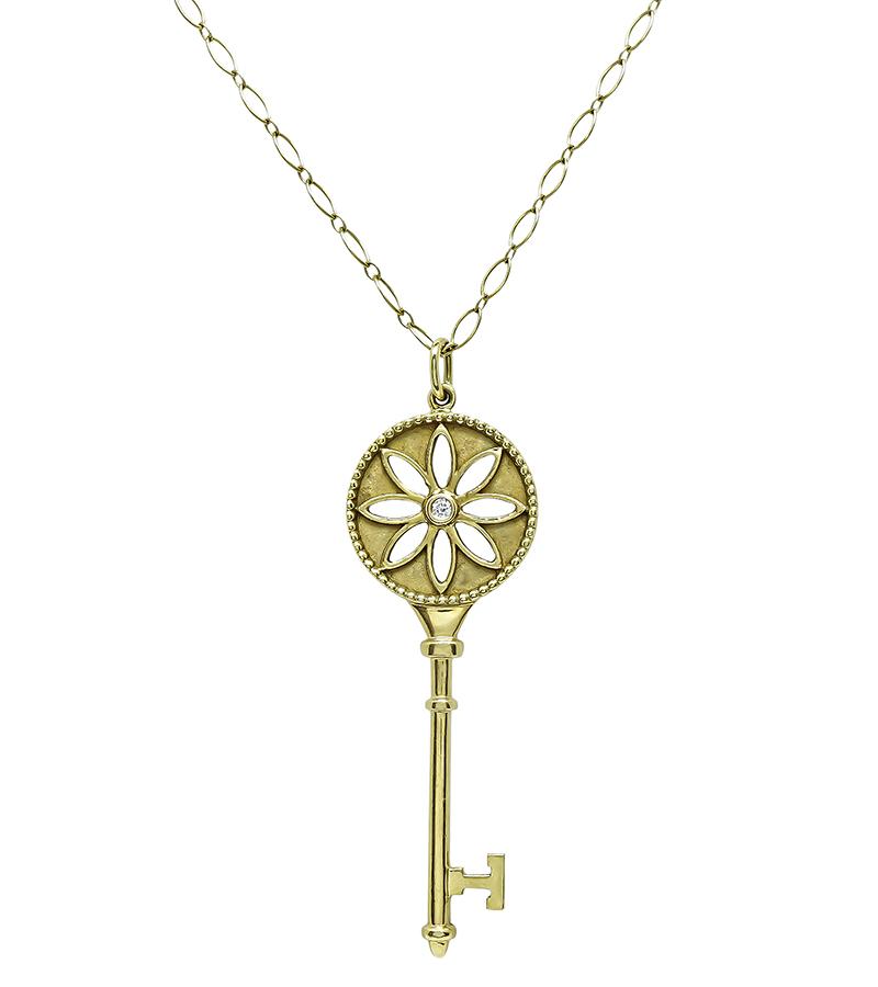 Estate Tiffany & Co Diamond 18k Yellow Gold Key Pendant Necklace