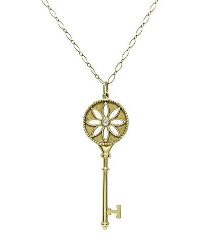 Estate Tiffany & Co Diamond 18k Yellow Gold Key Pendant Necklace