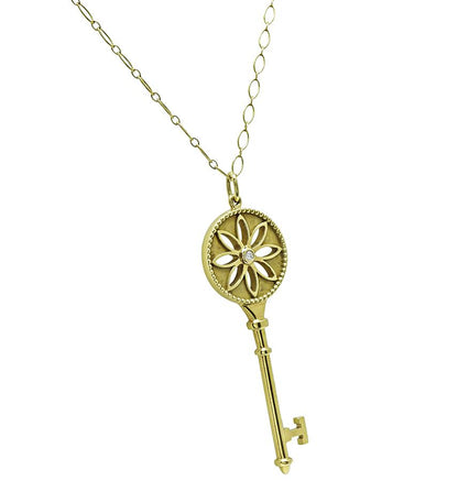 Estate Tiffany & Co Diamond 18k Yellow Gold Key Pendant Necklace
