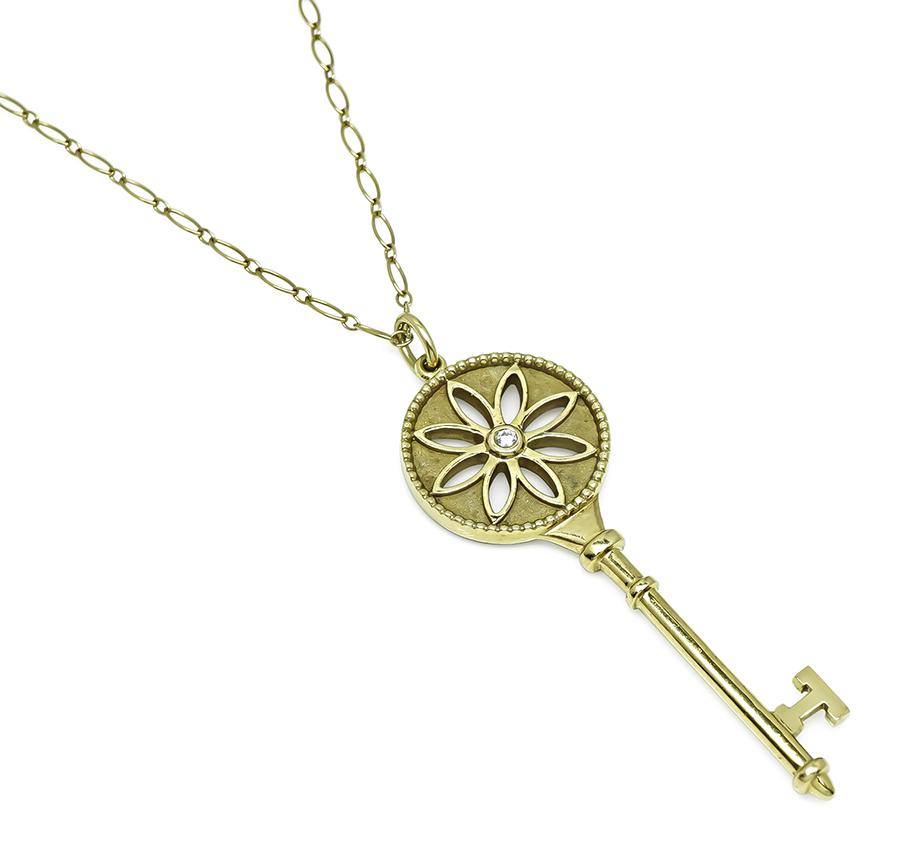 Estate Tiffany & Co Diamond 18k Yellow Gold Key Pendant Necklace